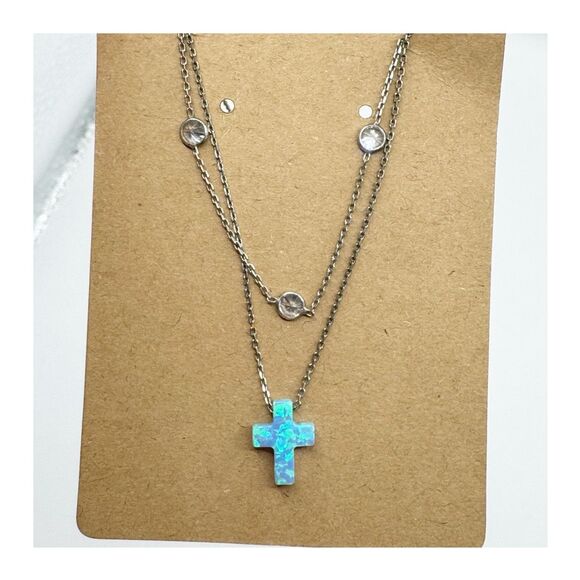 Sterling Silver Double Layer Opal Cross Necklace Bezel Set CZ Crystals Turkey - Picture 2 of 14